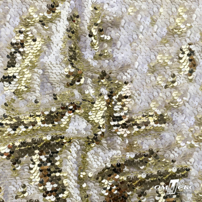 Трикотажное полотно, Сетка с пайетками, шир.130 см, #315, цв.-белый/золото - купить в Рязани. Цена 693.39 руб.