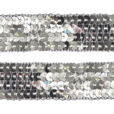 Тесьма с пайетками D8, шир. 20 мм/уп. 25+/-1 м, цвет серебро - купить в Рязани. Цена: 778.19 руб.